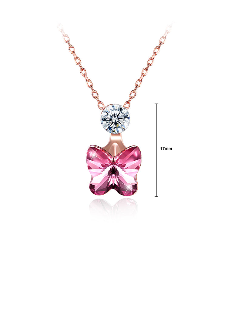 925 Sterling Silve Rose Gold Plated Sparkling Elegant Noble Romantic Sweet Pink Butterfly Pendant and Necklace with Austrian Element Crystal - Vibrant Color