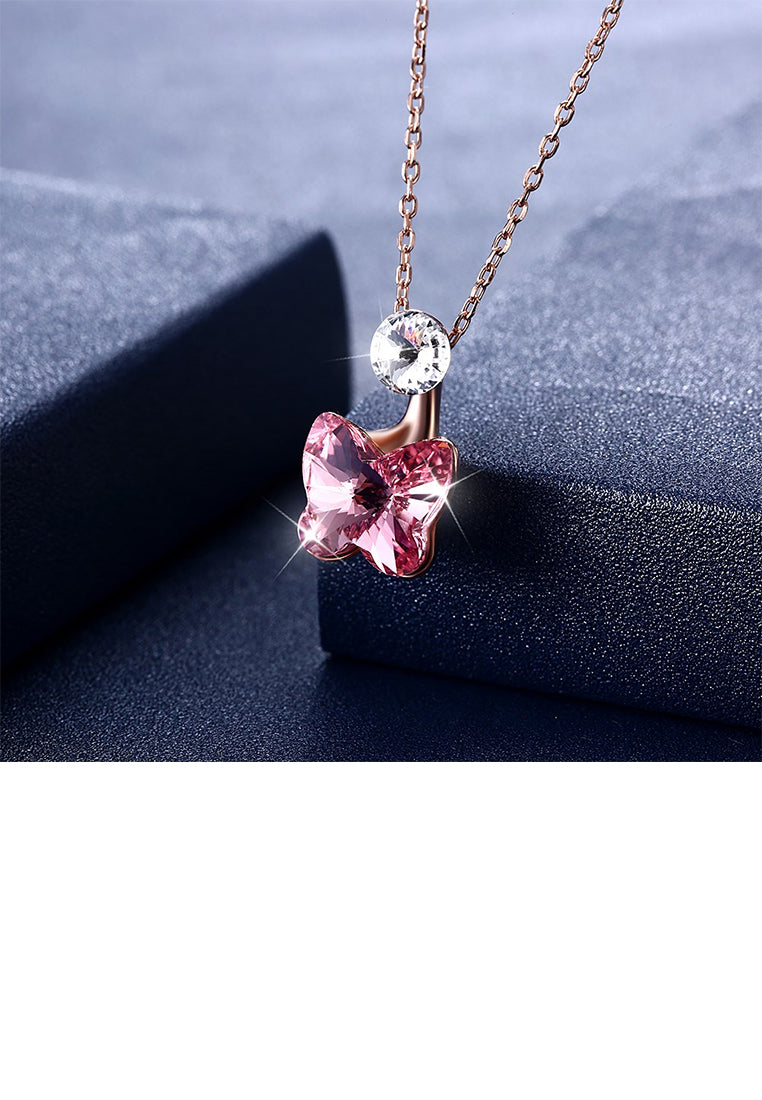 925 Sterling Silve Rose Gold Plated Sparkling Elegant Noble Romantic Sweet Pink Butterfly Pendant and Necklace with Austrian Element Crystal - Vibrant Color