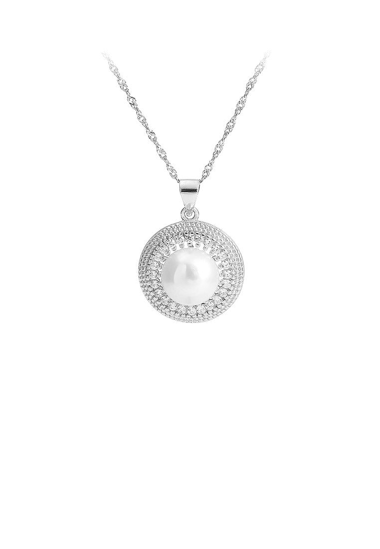 925 Sterling Silver Elegant Fashion Geometric Round Freshwater Pearl Pendant with Cubic Zirconia and Necklace - Luxurious Look