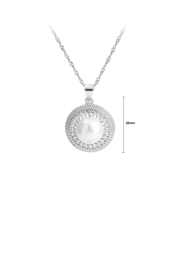 925 Sterling Silver Elegant Fashion Geometric Round Freshwater Pearl Pendant with Cubic Zirconia and Necklace - Luxurious Look