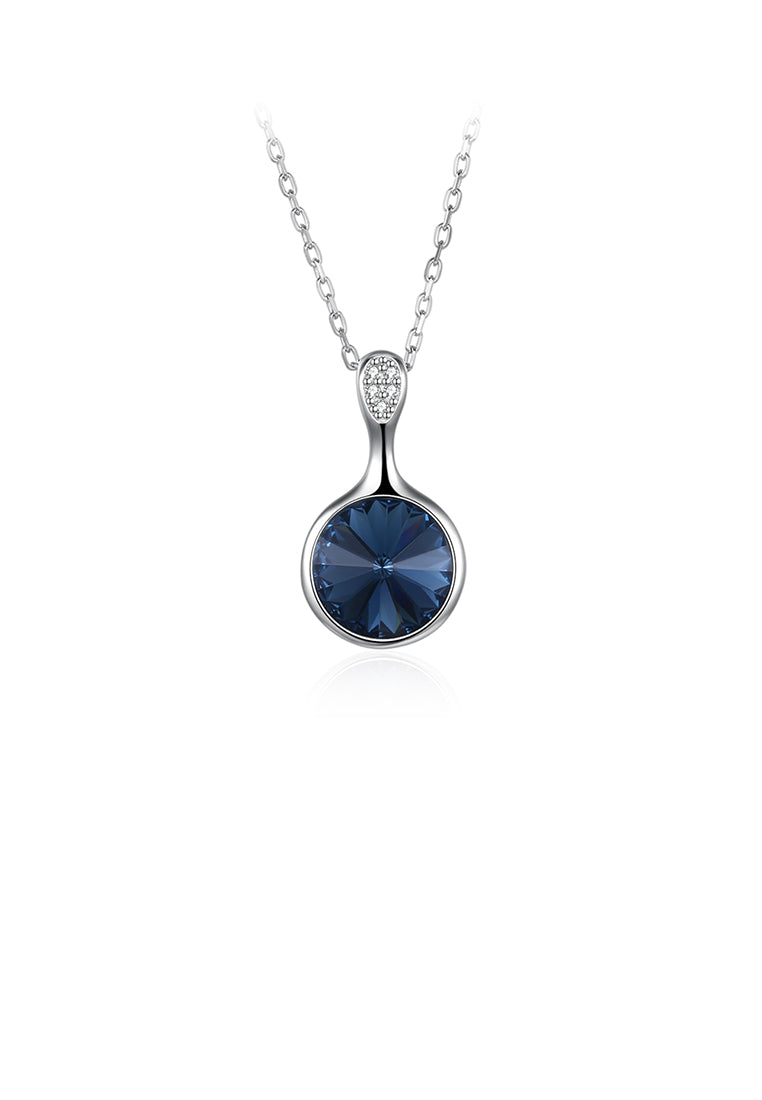 925 Sterling Silver Elegant Geometric Round Pendant with Blue Austrian Element Crystal and Necklace