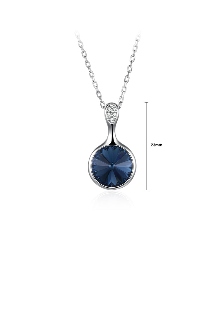 925 Sterling Silver Elegant Geometric Round Pendant with Blue Austrian Element Crystal and Necklace