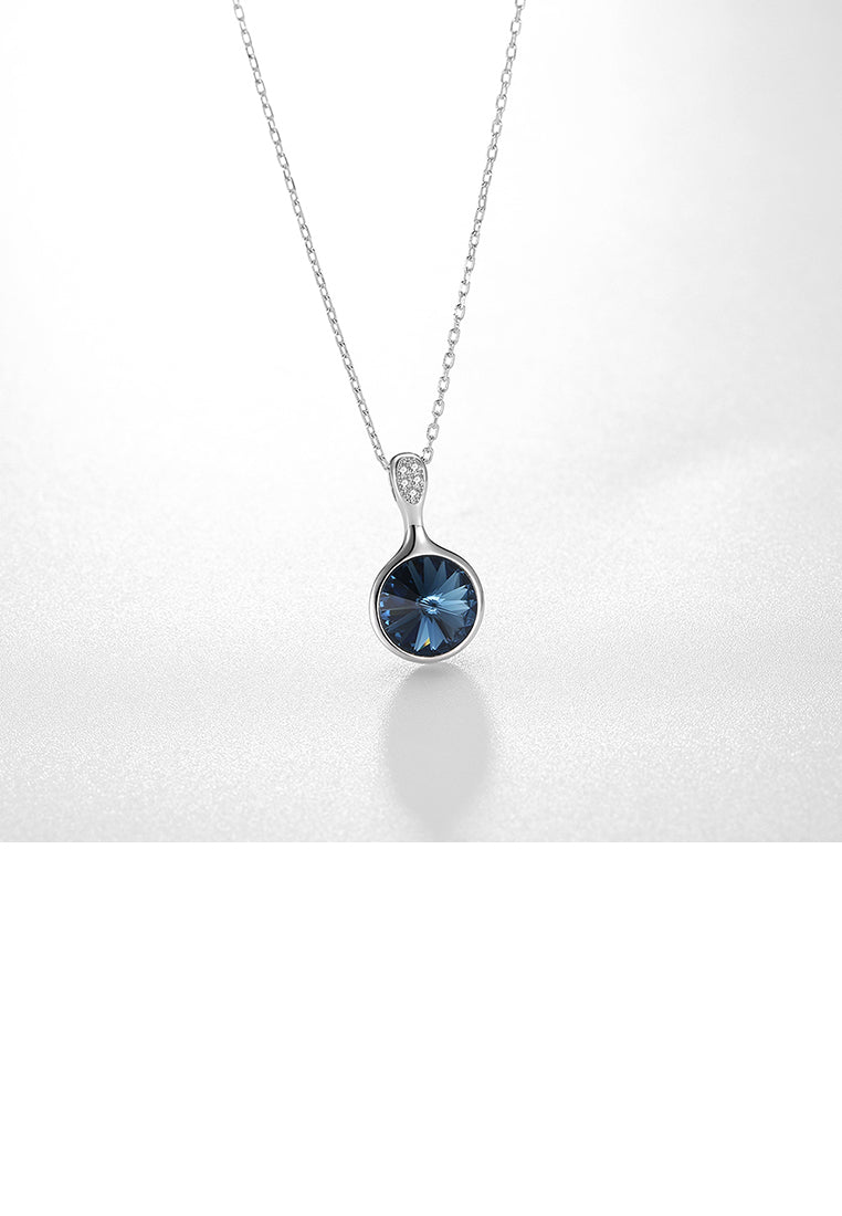 925 Sterling Silver Elegant Geometric Round Pendant with Blue Austrian Element Crystal and Necklace