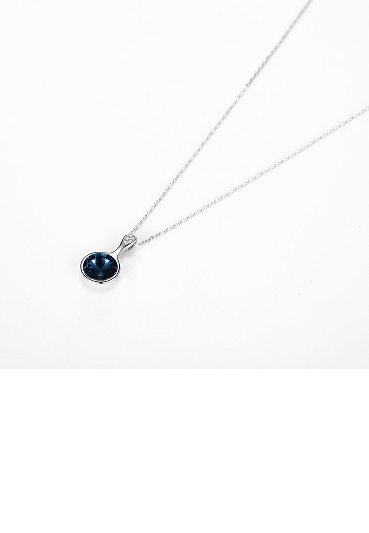 925 Sterling Silver Elegant Geometric Round Pendant with Blue Austrian Element Crystal and Necklace