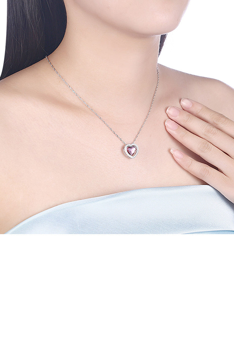925 Sterling Silver Romantic Brilliant Heart Pendant with Purple Austrian Element Crystal and Necklace