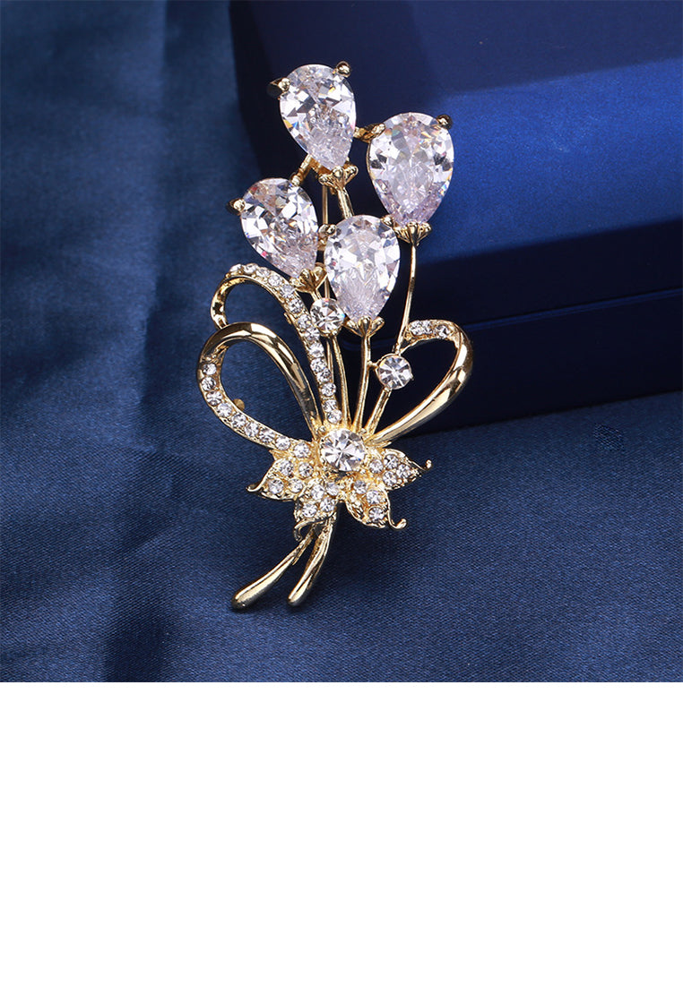 Simple Temperament Plated Gold Bouquet Brooch with Cubic Zirconia - Luxurious Look