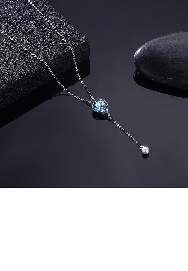 925 Sterling Silver Simple Heart Pendant with Blue Austrian Element Crystal and Necklace