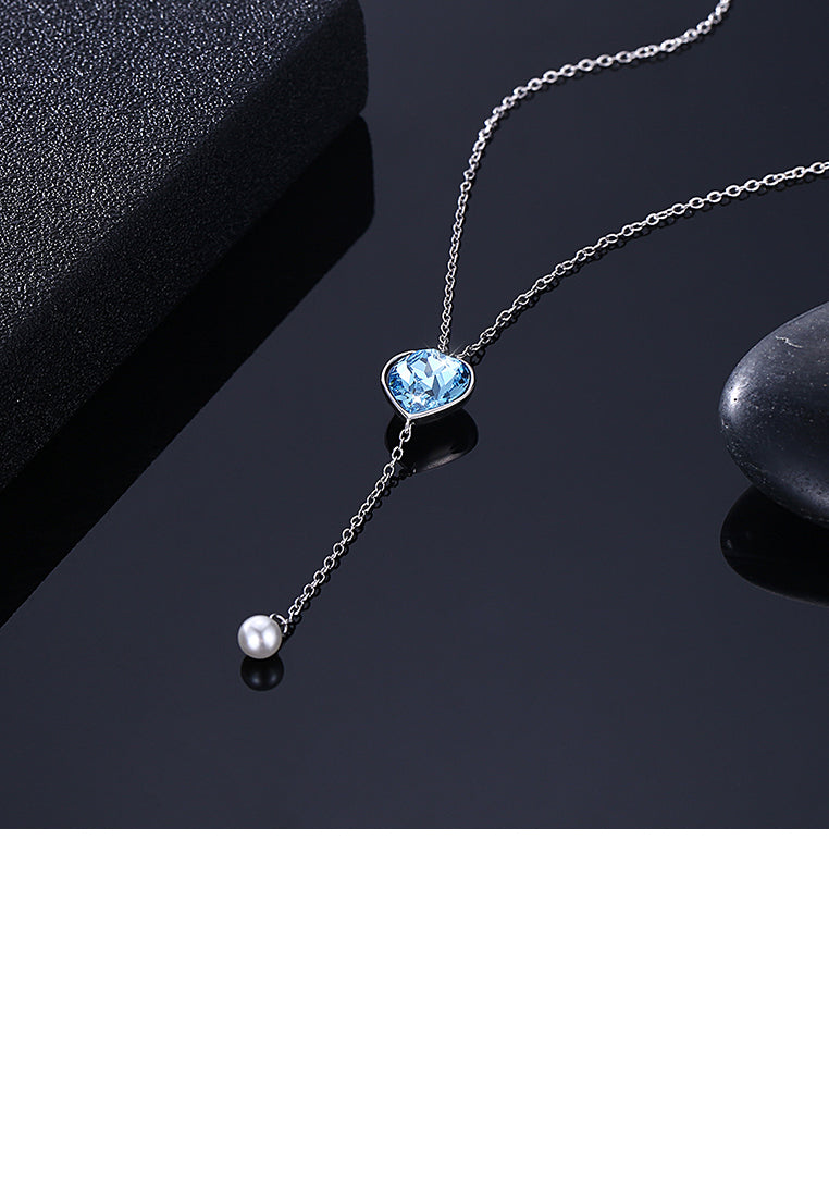 925 Sterling Silver Simple Heart Pendant with Blue Austrian Element Crystal and Necklace