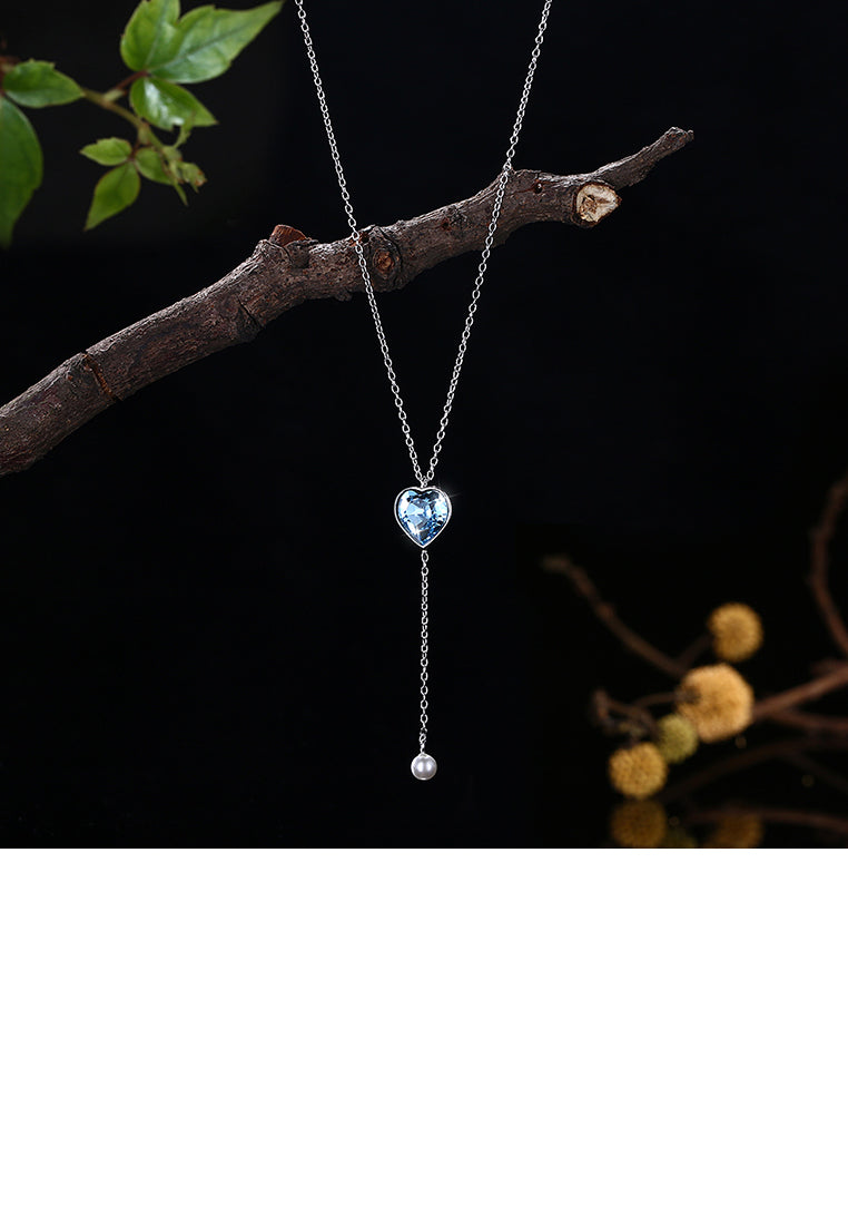 925 Sterling Silver Simple Heart Pendant with Blue Austrian Element Crystal and Necklace
