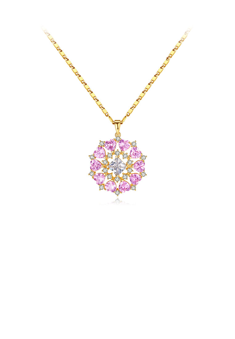 Fashion and Elegant Plated Gold Geometric Circular Pattern Pendant with Pink Cubic Zirconia and Necklace - Luxurious Look - Vibrant Color