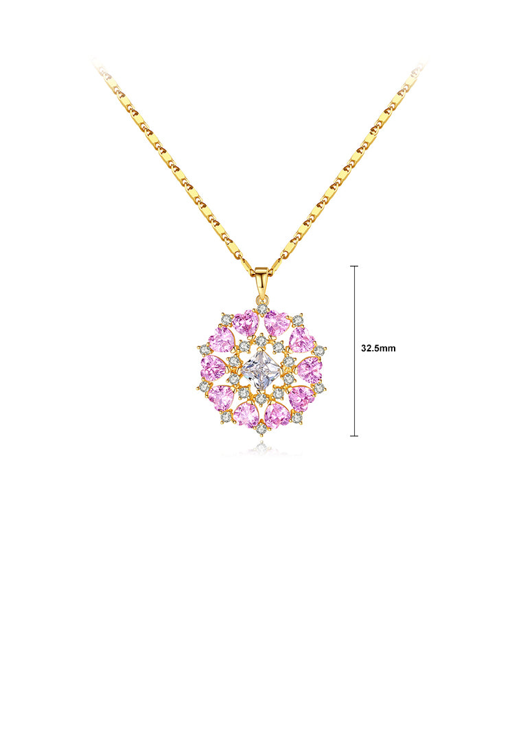 Fashion and Elegant Plated Gold Geometric Circular Pattern Pendant with Pink Cubic Zirconia and Necklace - Luxurious Look - Vibrant Color