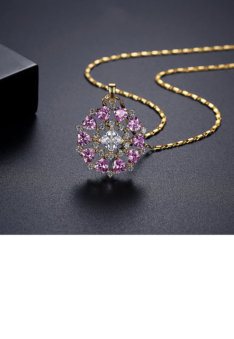 Fashion and Elegant Plated Gold Geometric Circular Pattern Pendant with Pink Cubic Zirconia and Necklace - Luxurious Look - Vibrant Color