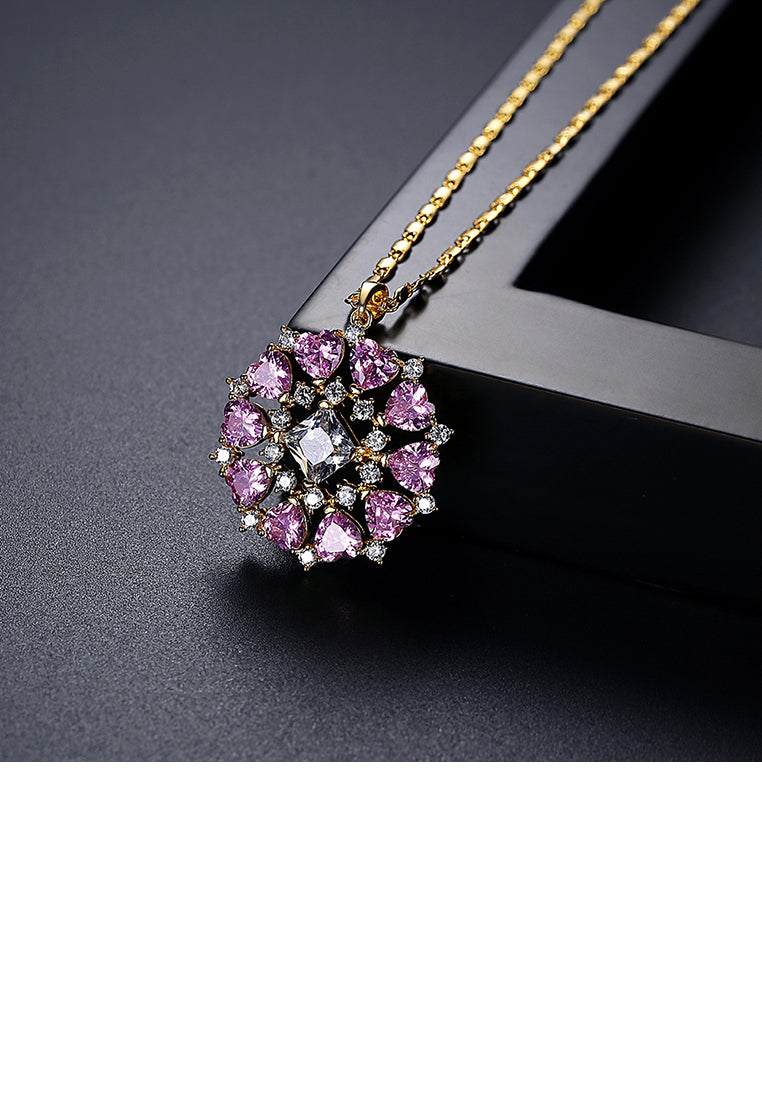 Fashion and Elegant Plated Gold Geometric Circular Pattern Pendant with Pink Cubic Zirconia and Necklace - Luxurious Look - Vibrant Color