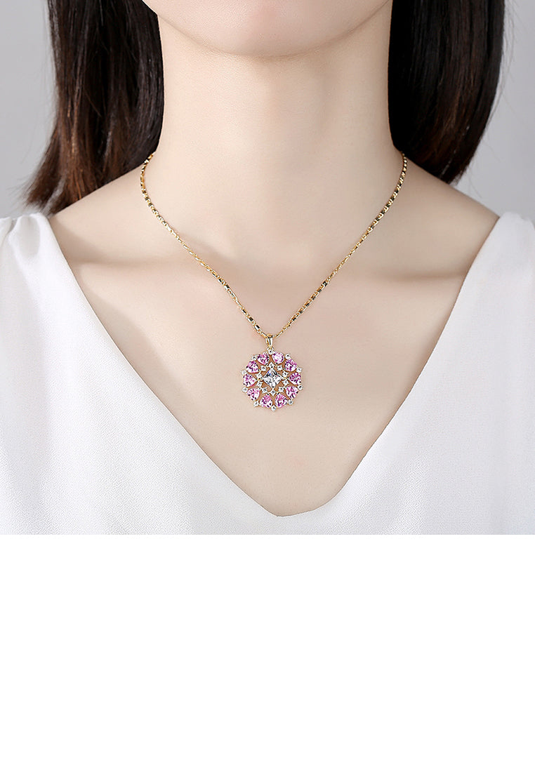 Fashion and Elegant Plated Gold Geometric Circular Pattern Pendant with Pink Cubic Zirconia and Necklace - Luxurious Look - Vibrant Color