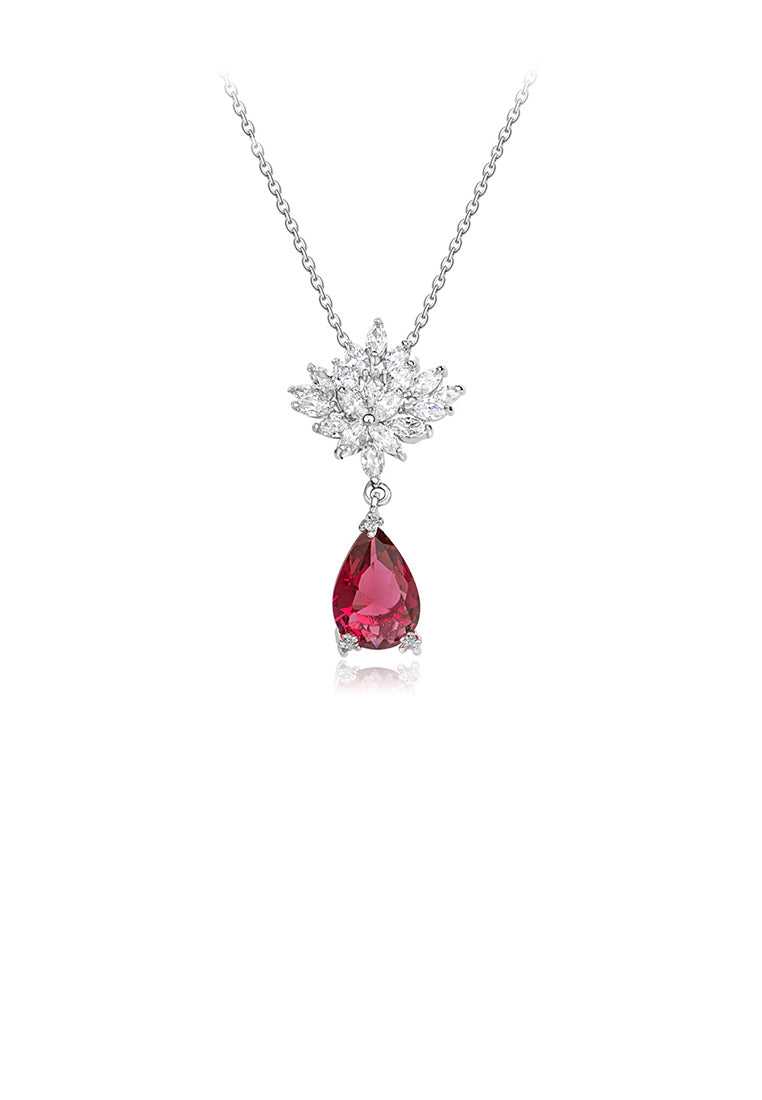 Fashion and Elegant Flower Pendant with Red Cubic Zirconia and Necklace - Luxurious Look - Vibrant Color