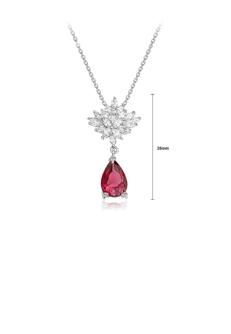 Fashion and Elegant Flower Pendant with Red Cubic Zirconia and Necklace - Luxurious Look - Vibrant Color