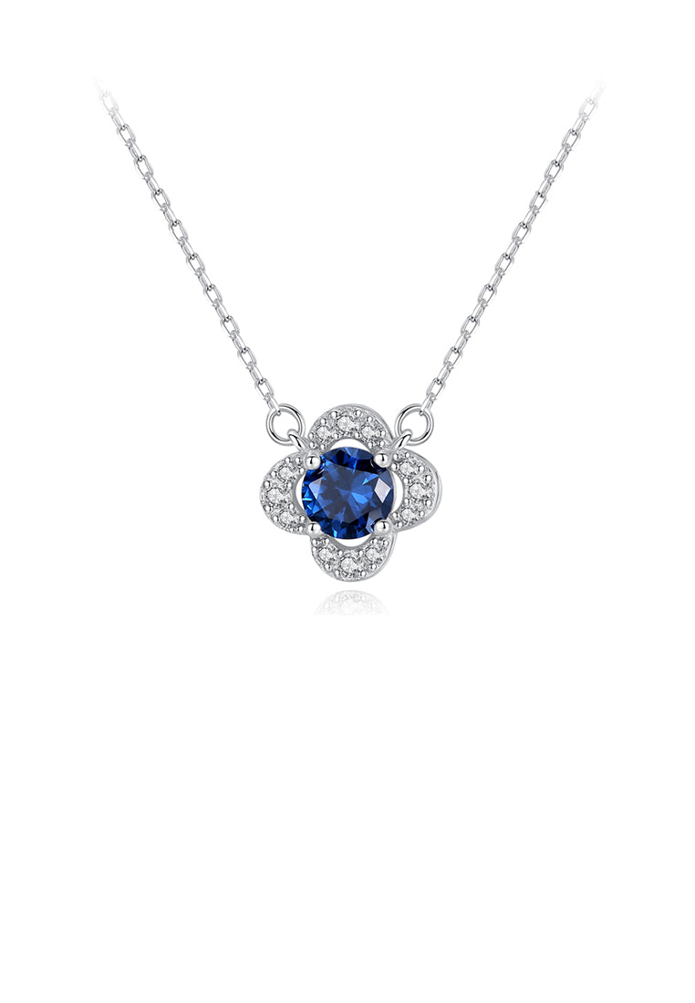 925 Sterling Silver Fashion and Elegant Flower Pendant with Blue Cubic Zirconia and Necklace - Luxurious Look