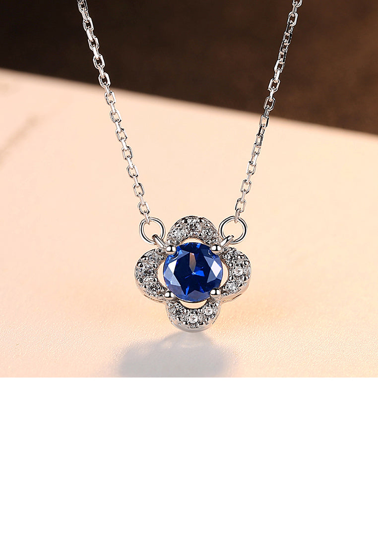 925 Sterling Silver Fashion and Elegant Flower Pendant with Blue Cubic Zirconia and Necklace - Luxurious Look