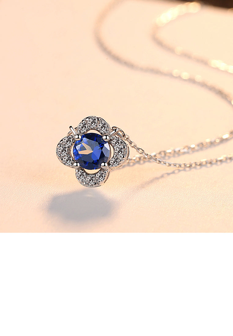 925 Sterling Silver Fashion and Elegant Flower Pendant with Blue Cubic Zirconia and Necklace - Luxurious Look