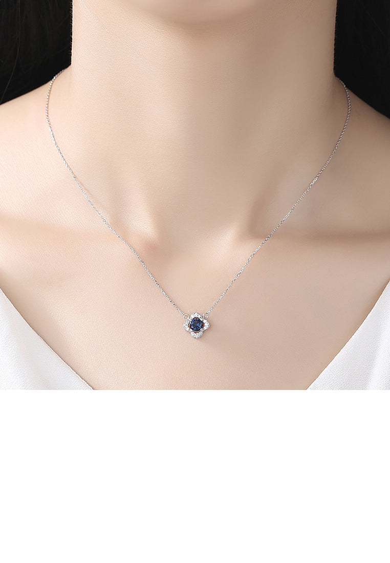 925 Sterling Silver Fashion and Elegant Flower Pendant with Blue Cubic Zirconia and Necklace - Luxurious Look