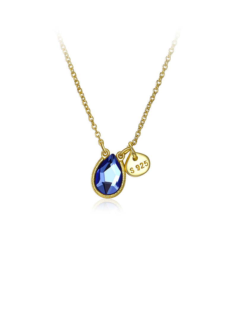 925 Sterling Silver Plated Gold Elegant Water Drop Pendant with Blue Austrian Element Crystal and Necklace