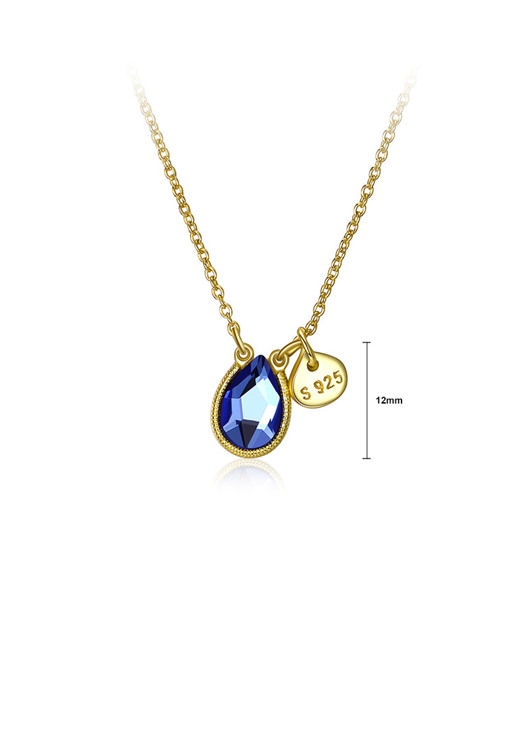 925 Sterling Silver Plated Gold Elegant Water Drop Pendant with Blue Austrian Element Crystal and Necklace