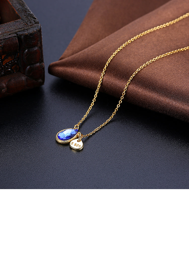 925 Sterling Silver Plated Gold Elegant Water Drop Pendant with Blue Austrian Element Crystal and Necklace