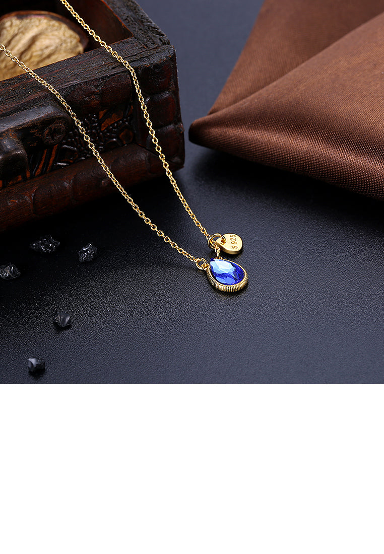 925 Sterling Silver Plated Gold Elegant Water Drop Pendant with Blue Austrian Element Crystal and Necklace