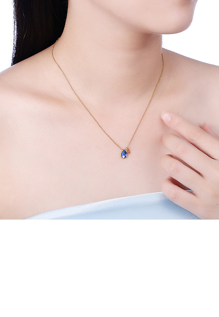 925 Sterling Silver Plated Gold Elegant Water Drop Pendant with Blue Austrian Element Crystal and Necklace