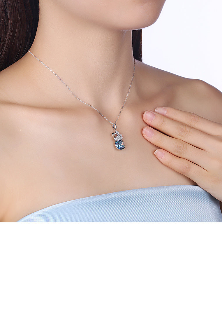 925 Sterling Silver Elegant Swan Geometric Pendant with Colored Austrian Element Crystals and Necklace
