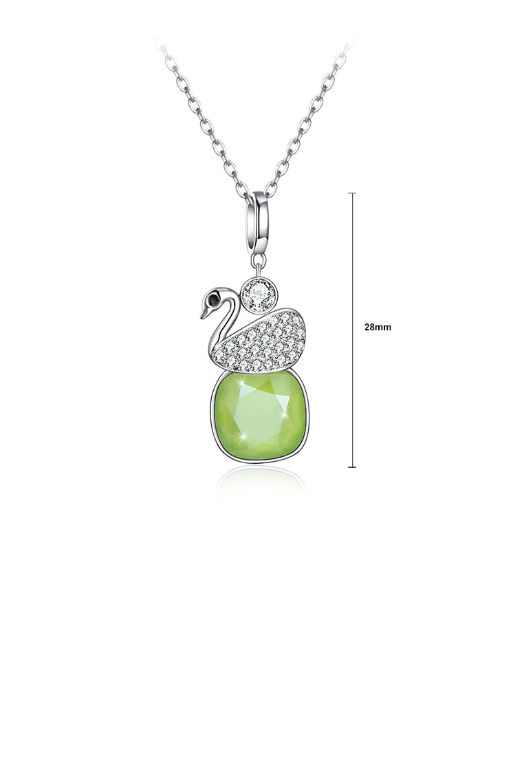 925 Sterling Silver Elegant Swan Geometric Pendant with Green Austrian Element Crystal and Necklace