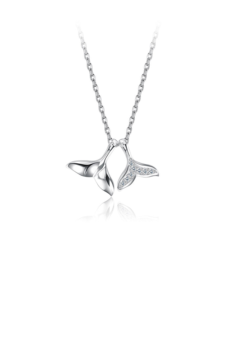 925 Sterling Silver Simple Double Fishtail Pendant with Austrian Element Crystal and Necklace