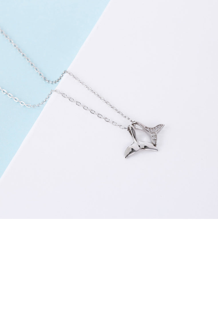 925 Sterling Silver Simple Double Fishtail Pendant with Austrian Element Crystal and Necklace