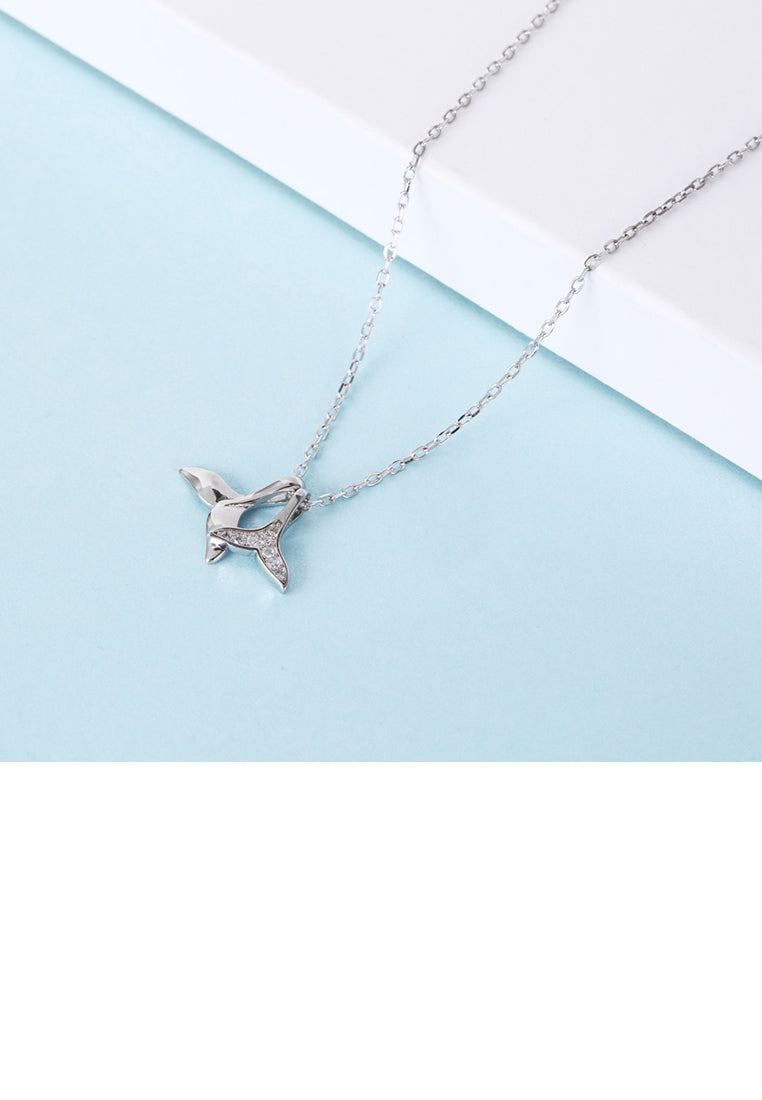 925 Sterling Silver Simple Double Fishtail Pendant with Austrian Element Crystal and Necklace