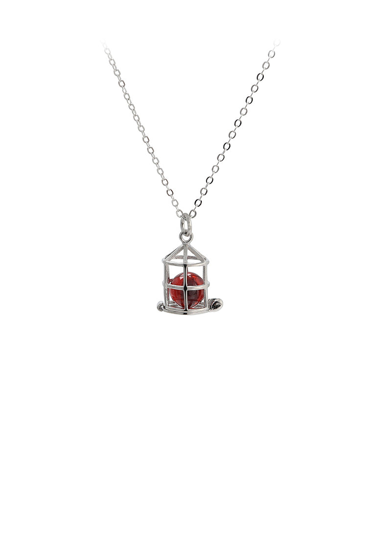 Sterling Silver Simple Fashion Cage Red Imitation Pearl Pendant with Necklace - Luxurious Look - Vibrant Color