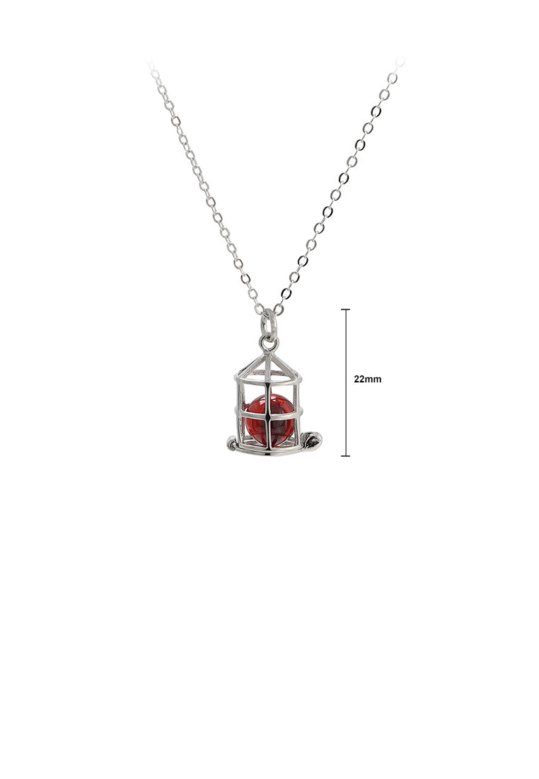Sterling Silver Simple Fashion Cage Red Imitation Pearl Pendant with Necklace - Luxurious Look - Vibrant Color