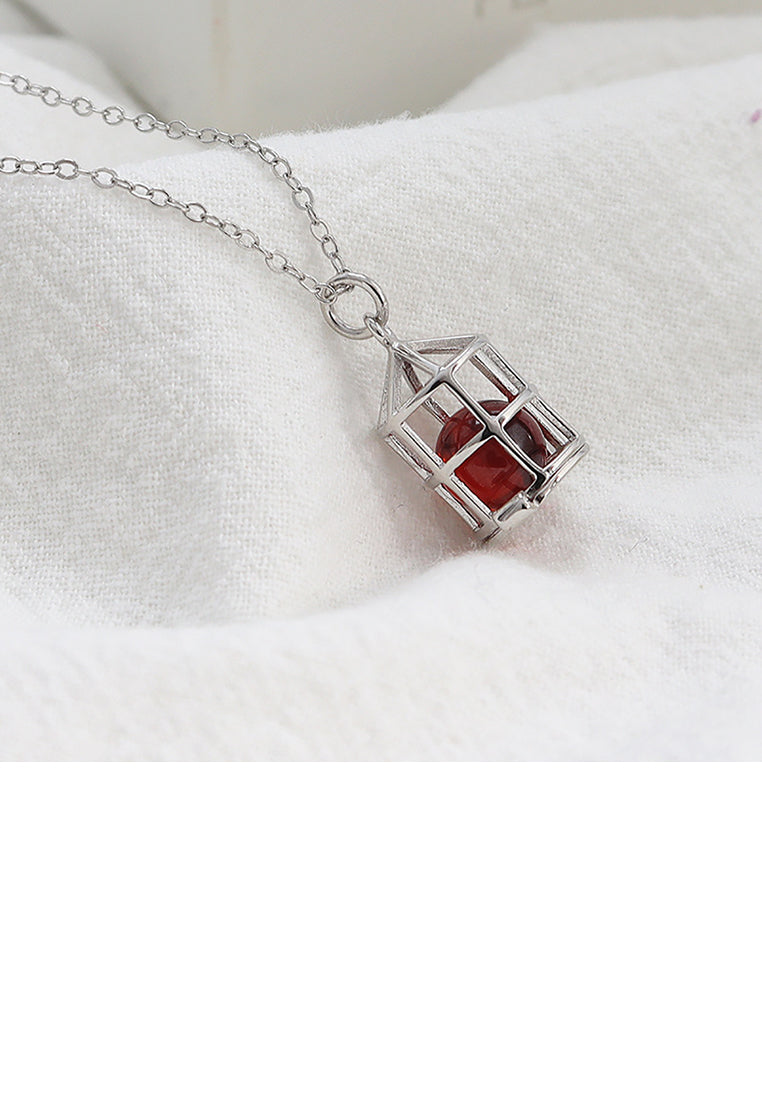 Sterling Silver Simple Fashion Cage Red Imitation Pearl Pendant with Necklace - Luxurious Look - Vibrant Color