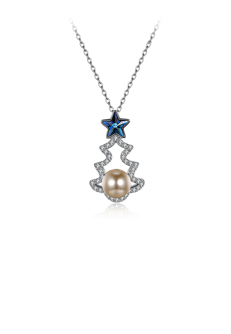 925 Sterling Silver Christmas Tree Pendant with Blue Austrian Element Crystal and Fashion Pearl and Necklace - Luxurious Look