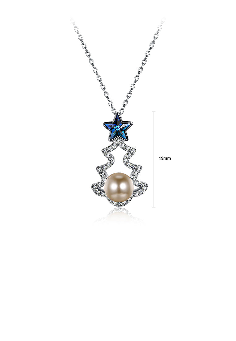 925 Sterling Silver Christmas Tree Pendant with Blue Austrian Element Crystal and Fashion Pearl and Necklace - Luxurious Look
