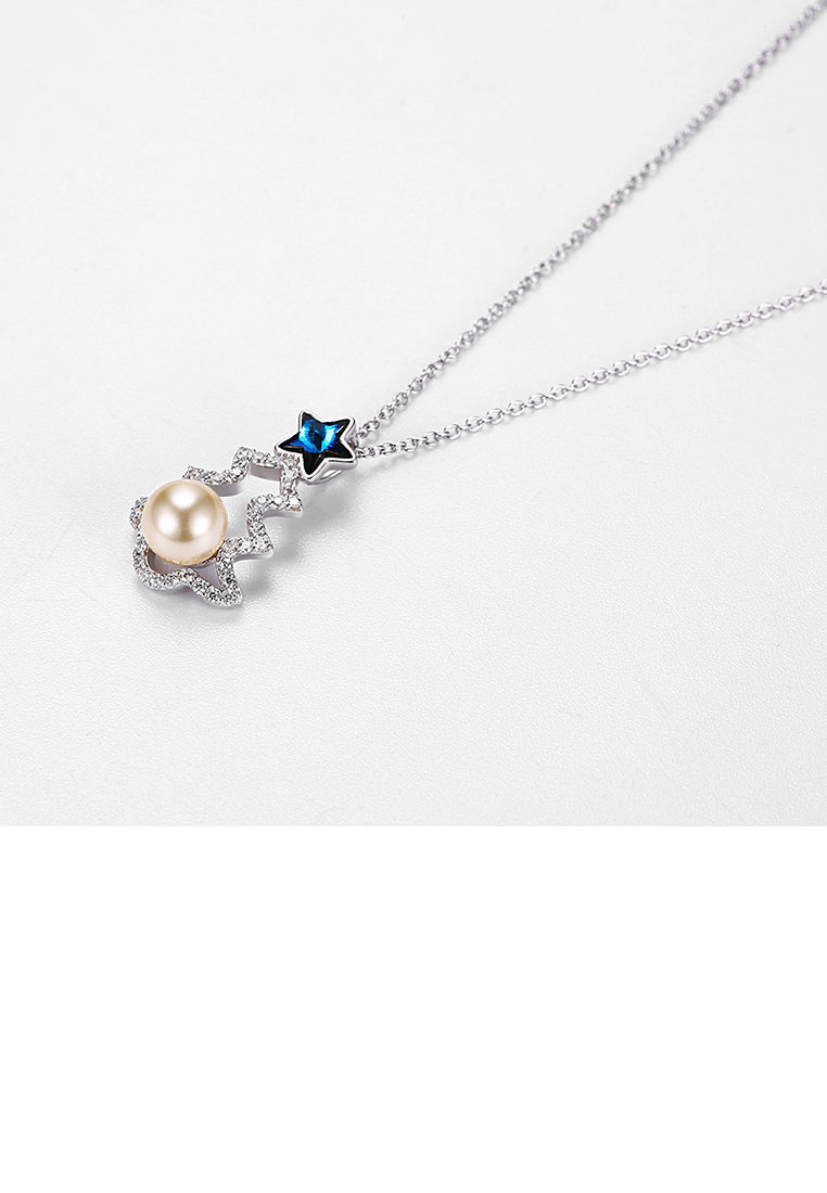 925 Sterling Silver Christmas Tree Pendant with Blue Austrian Element Crystal and Fashion Pearl and Necklace - Luxurious Look