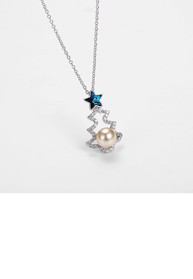 925 Sterling Silver Christmas Tree Pendant with Blue Austrian Element Crystal and Fashion Pearl and Necklace - Luxurious Look