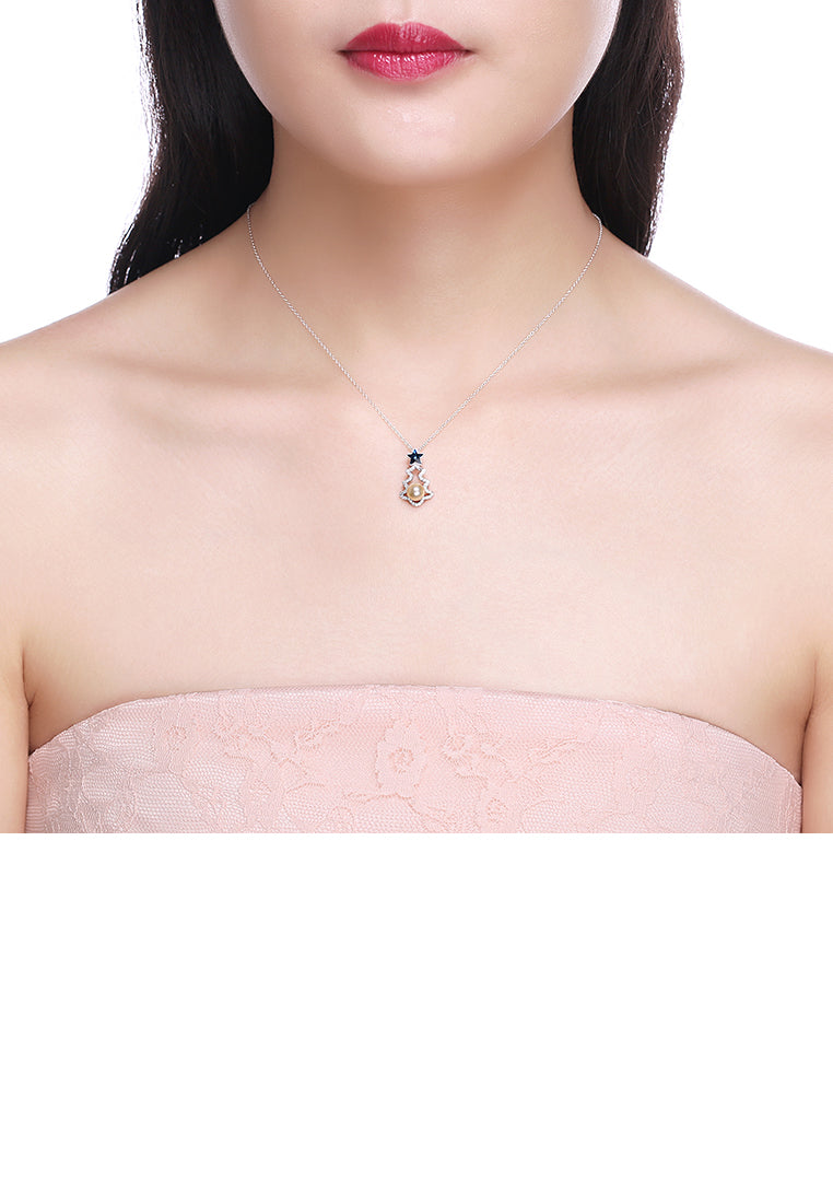 925 Sterling Silver Christmas Tree Pendant with Blue Austrian Element Crystal and Fashion Pearl and Necklace - Luxurious Look