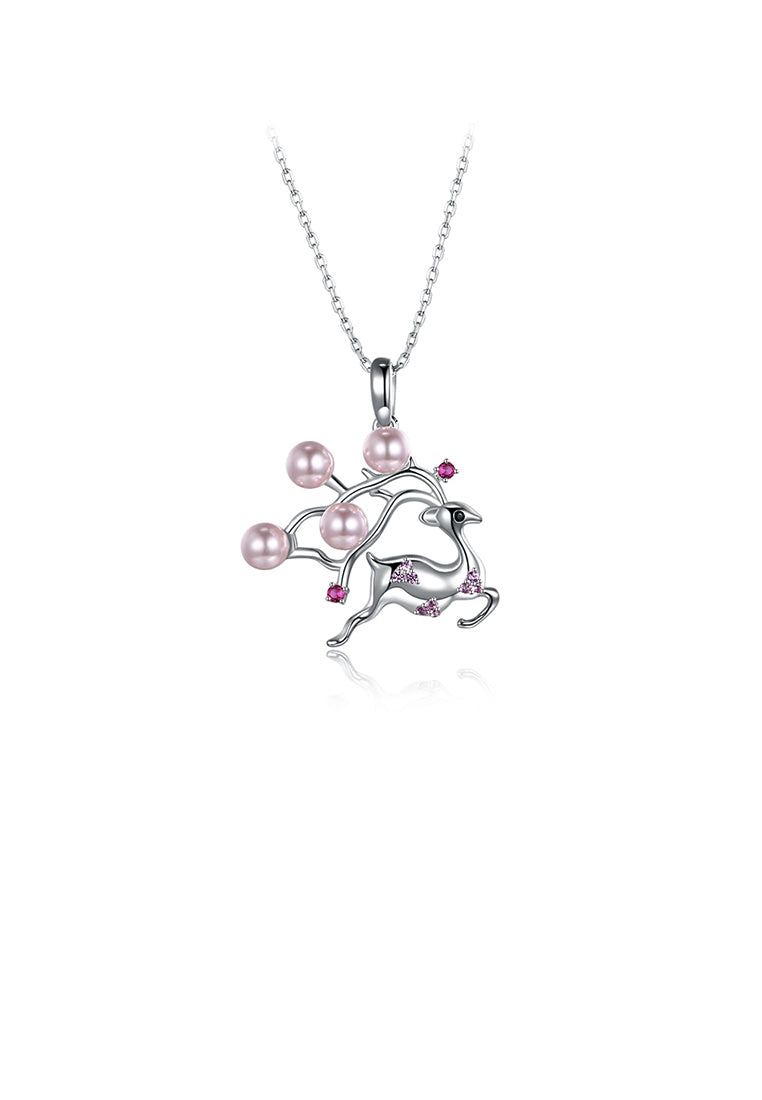 925 Sterling Silver Sika Deer Pendant with Pink Pearl and Necklace - Luxurious Look - Vibrant Color