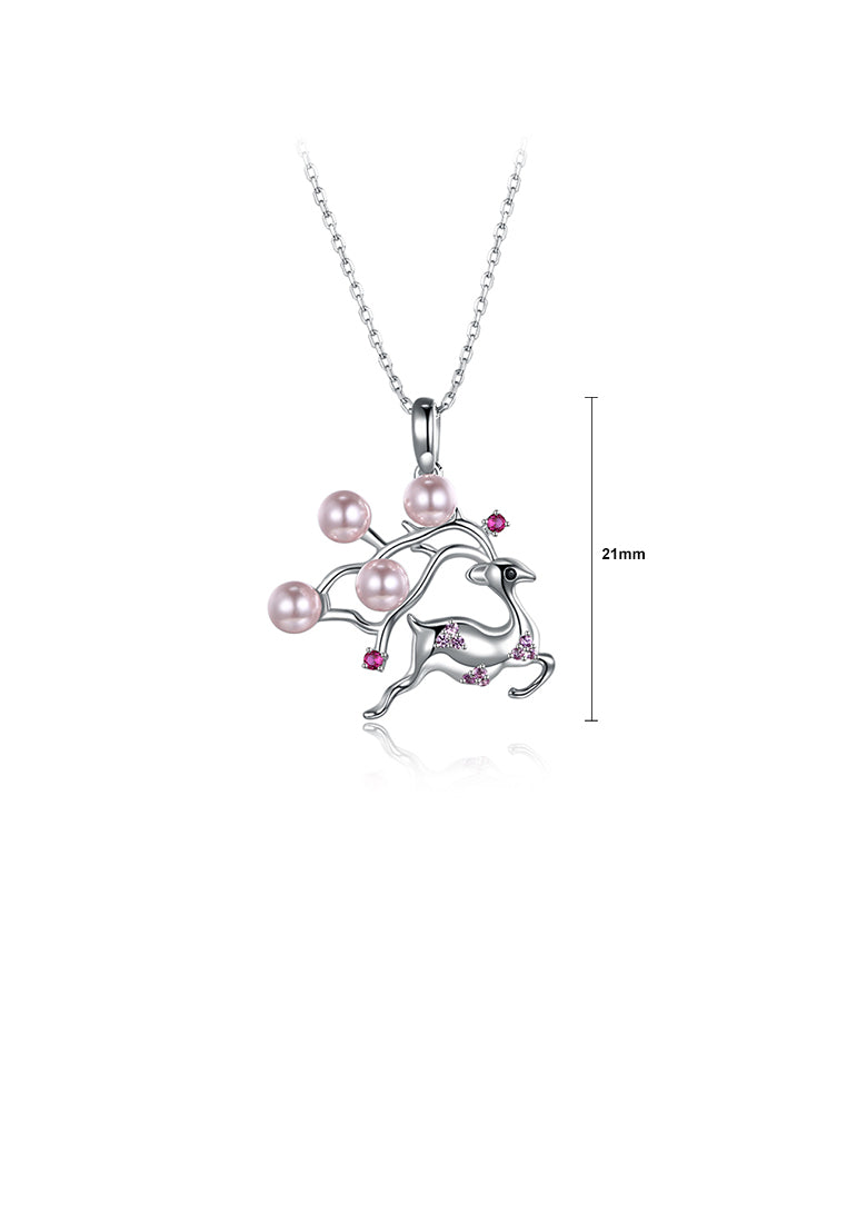 925 Sterling Silver Sika Deer Pendant with Pink Pearl and Necklace - Luxurious Look - Vibrant Color