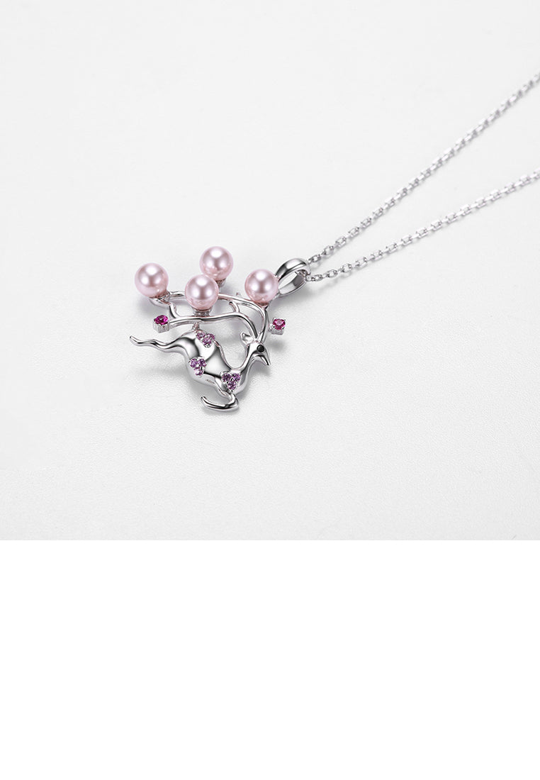 925 Sterling Silver Sika Deer Pendant with Pink Pearl and Necklace - Luxurious Look - Vibrant Color