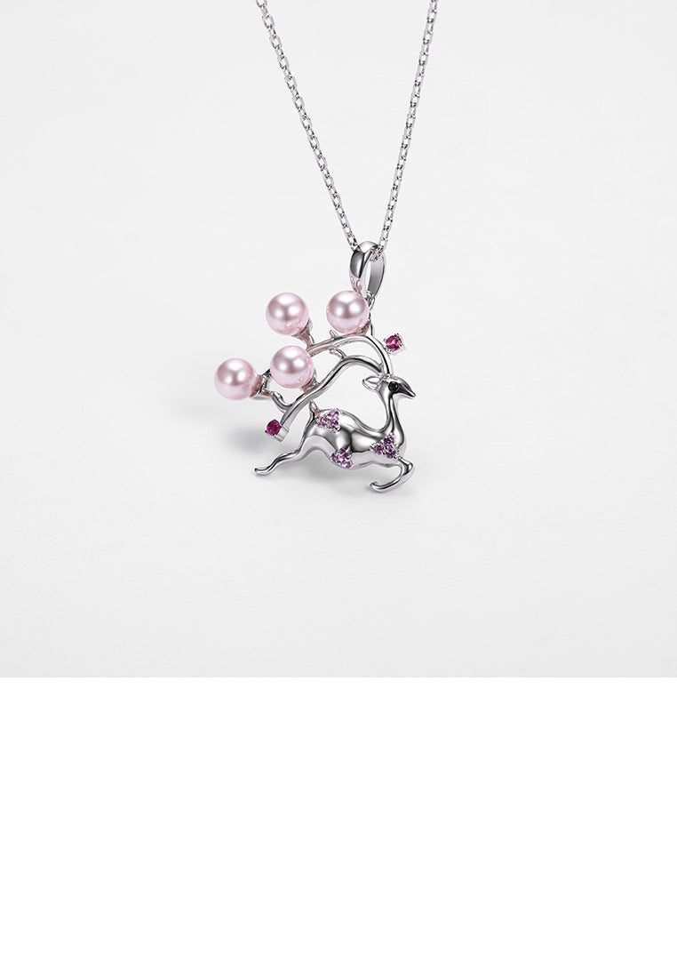 925 Sterling Silver Sika Deer Pendant with Pink Pearl and Necklace - Luxurious Look - Vibrant Color