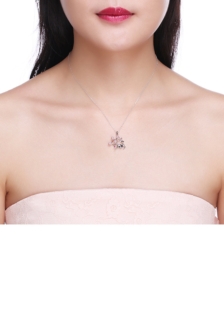 925 Sterling Silver Sika Deer Pendant with Pink Pearl and Necklace - Luxurious Look - Vibrant Color