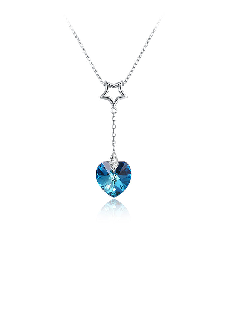 925 Sterling Silver Sparkling Fashion Elegant Romantic Star and Heart Shape Pendant and Necklace with Blue Austrian Element Crystal