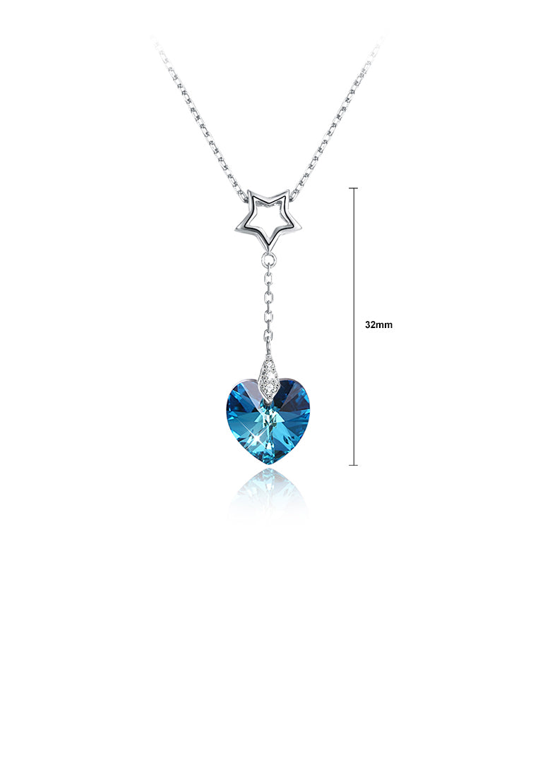 925 Sterling Silver Sparkling Fashion Elegant Romantic Star and Heart Shape Pendant and Necklace with Blue Austrian Element Crystal