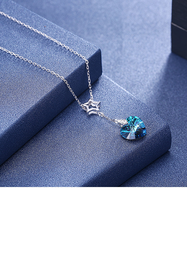 925 Sterling Silver Sparkling Fashion Elegant Romantic Star and Heart Shape Pendant and Necklace with Blue Austrian Element Crystal